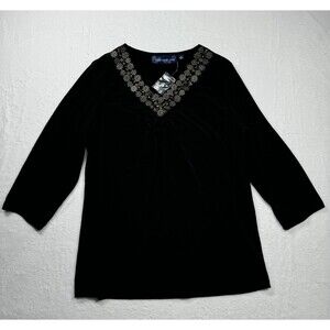 Susan Graver Style Women's Top Medium V-neck Embellished Neckline Black New